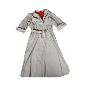 Ms Sugar Vintage Striped Midi Dress Grey White Red V-Neck Belted A-Line Retro